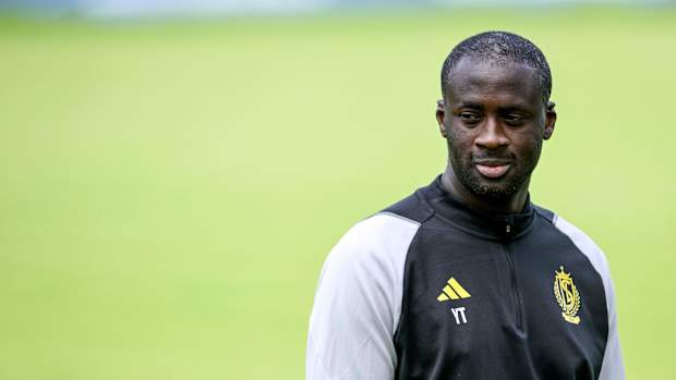 Yaya Toure pictured overseeing a Standard Liege training session in July 2023